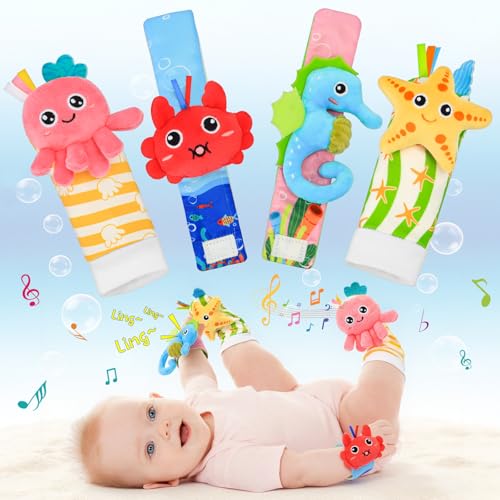 Baby Toys for 0-12 Months, Wrist Rattle Foot Finder Socks Set for Infants Sensory Toys, Baby Essentials Soft Plush Rattles Newborn for Boys and Girls as Shower Gifts